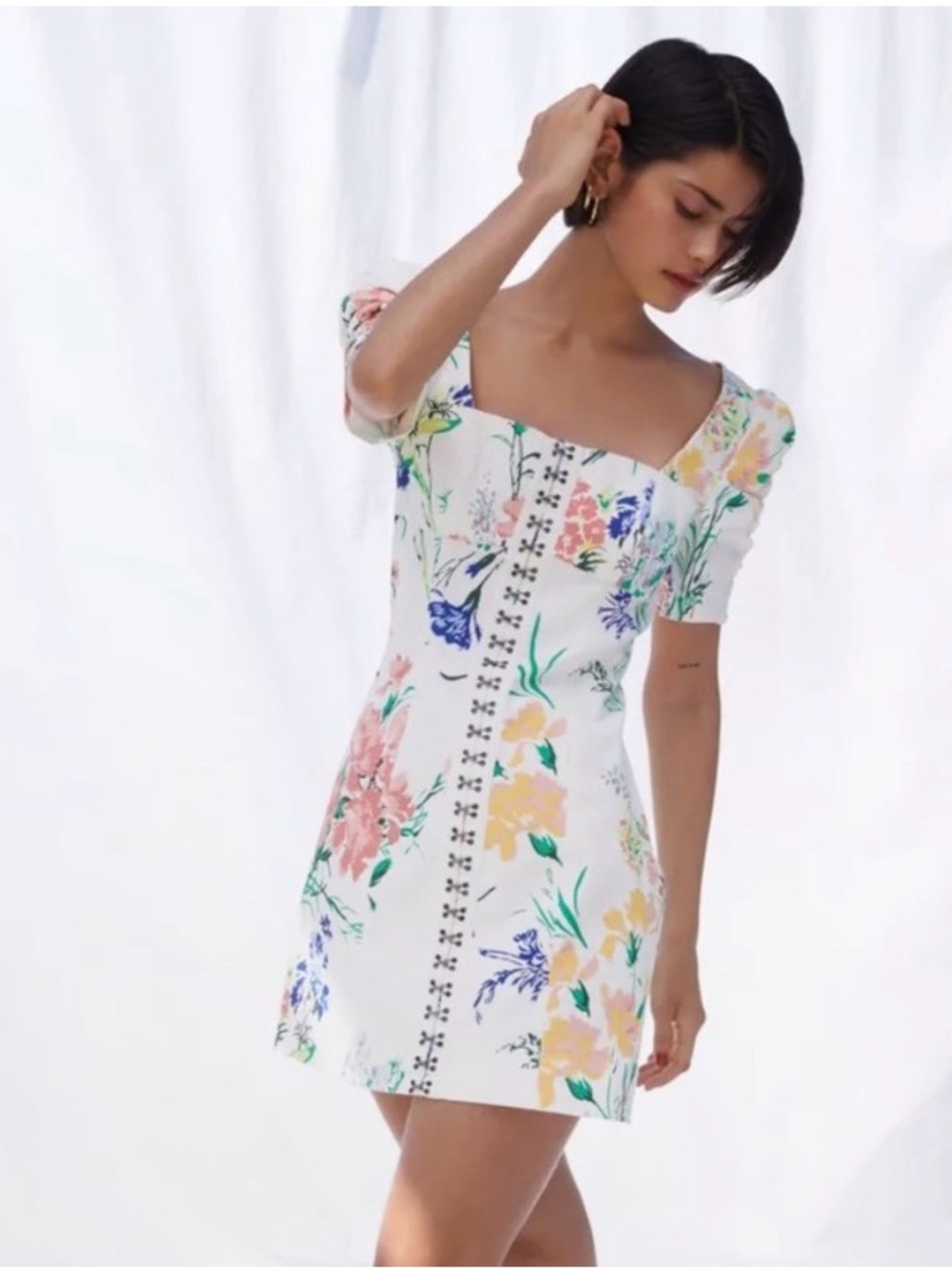 Urban Outfitters Hallie Floral Puff Sleeve Mini Dress with Pastel Blooms